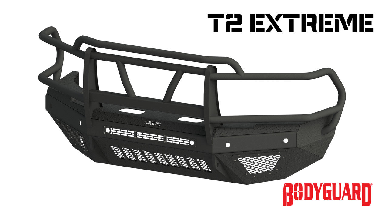 T2 Front Bumper Extreme For 2019-2021 Silverado 1500 Sensor Cutouts Factory Fog Cutouts Receiver Hitch Skid With Mesh Grill With Camera Harness Bodyguard Bumpers