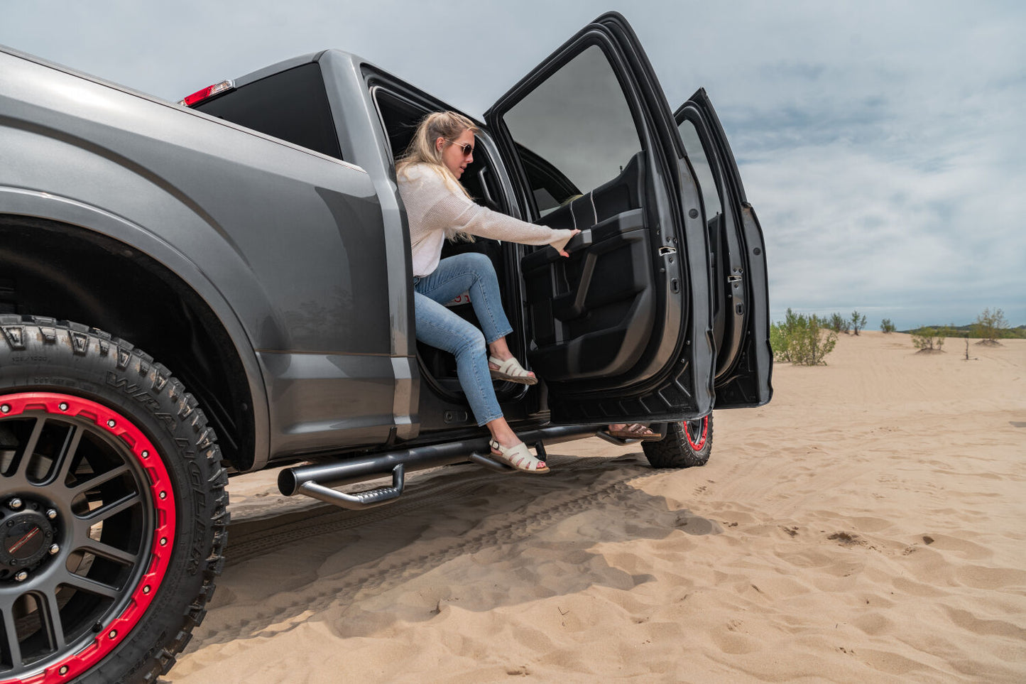 Nerf Step Bar Wheel-to-Wheel with Bed Access (3 Steps per Side) 3 Inch Main Tube Diameter 2015-2025 Ford F-150 5 Foot 7 Inch SuperCrew Textured Black NFab-3