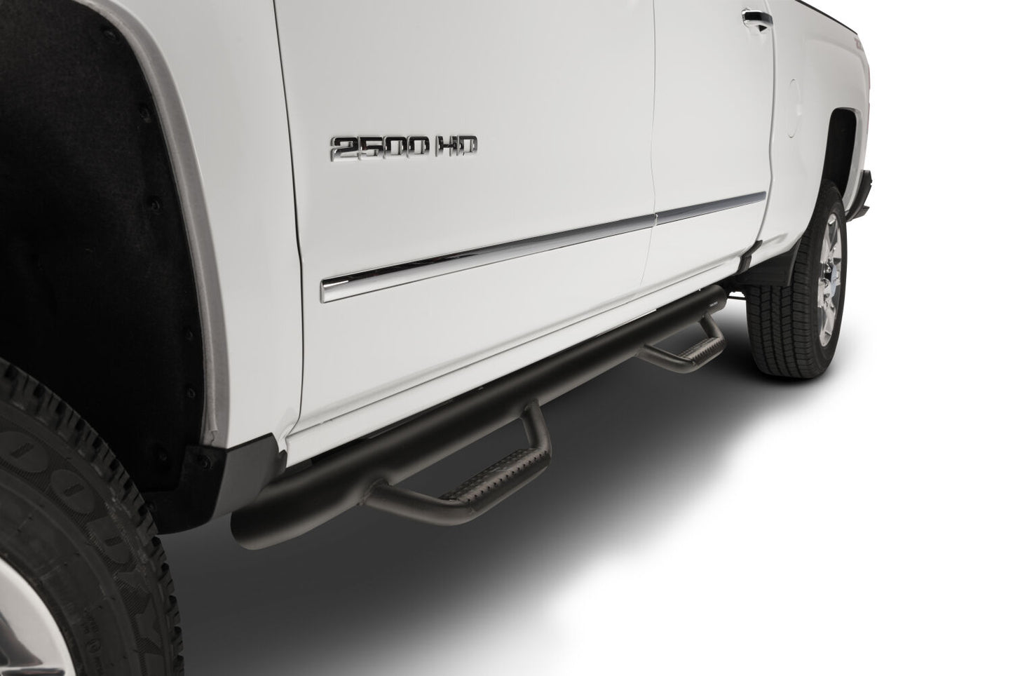 Nerf Step Bar Wheel-to-Wheel with Bed Access (3 Steps per Side) 3 Inch Main Tube Diameter 2017-2026 Ford F-350/F-450/F-550 8 Foot Bed Crew Cab with Dual Rear Wheels Textured Black NFab-2