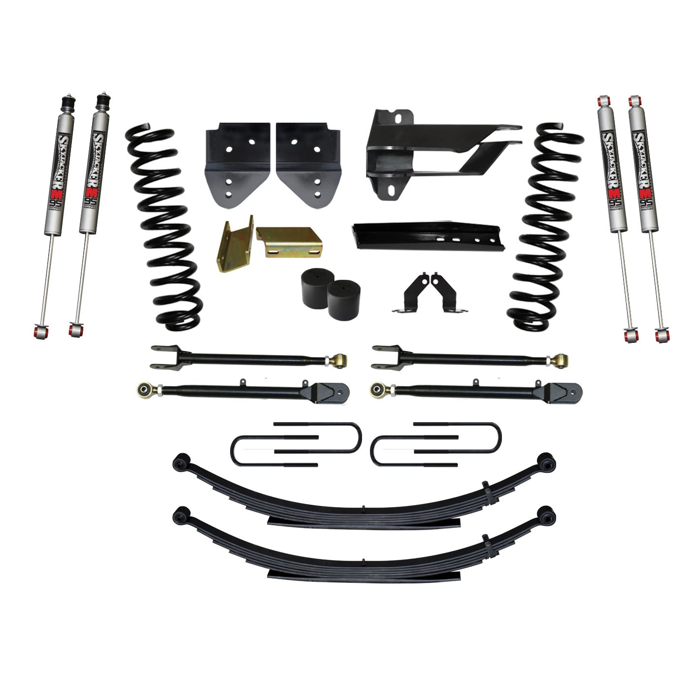 Suspension Lift Kit w/Shock 4 Inch Lift Incl. Front Coil Springs Rear Leaf Springs Adjustable 4-Links M9500 Monotube Shocks 17-19 Ford F-250/ F-350 Super Duty Gas Skyjacker