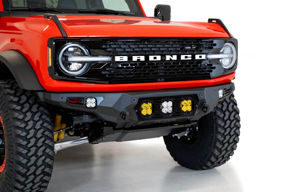 2021+ Ford Bronco Bomber Front Bumper Mounts for Three Baja LP4 Lights Addictive Desert Designs