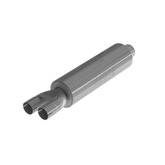3 Inch Exhaust Pipe ID Inlet/Dual 2.5 Inch ID Outlet 30.5 Inch Chambered Muffler T409 Stainless Steel MBRP