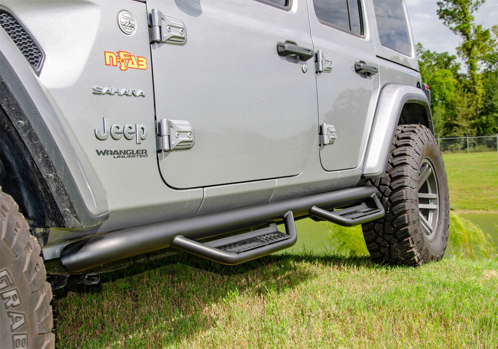 Podium Step LG Wheel-to-Wheel (2 Steps per Side) 3 Inch Main Tube Diameter 2018-2026 Jeep Wrangler JL 4-Door Textured Black NFab-1