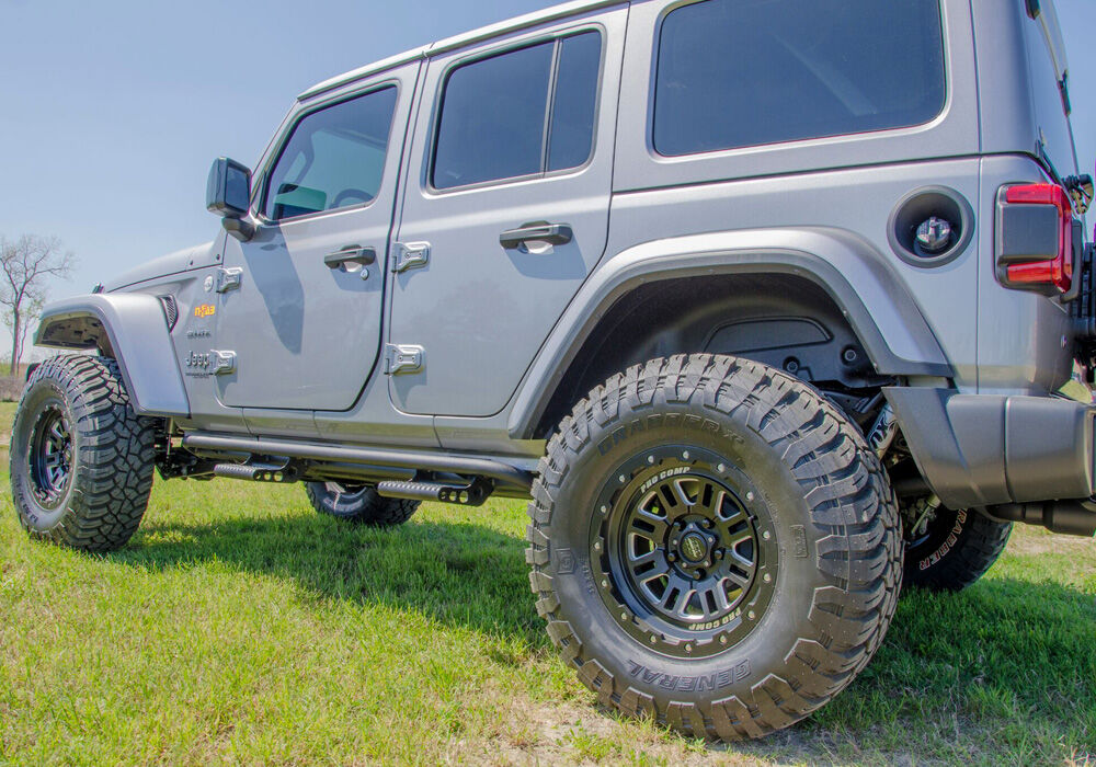 RKR Step System Full Length (1 Step Mount/1 Step per Side) 1.75 Inch Rails 2018-2026 Jeep Wrangler JL 4-Door Textured Black NFab-3