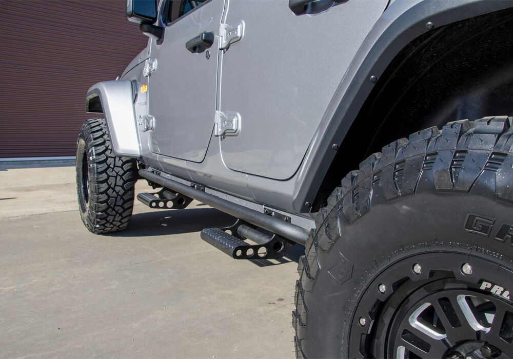 RKR Step System Full Length (1 Step Mount/1 Step per Side) 1.75 Inch Rails 2018-2026 Jeep Wrangler JL 4-Door Textured Black NFab-6