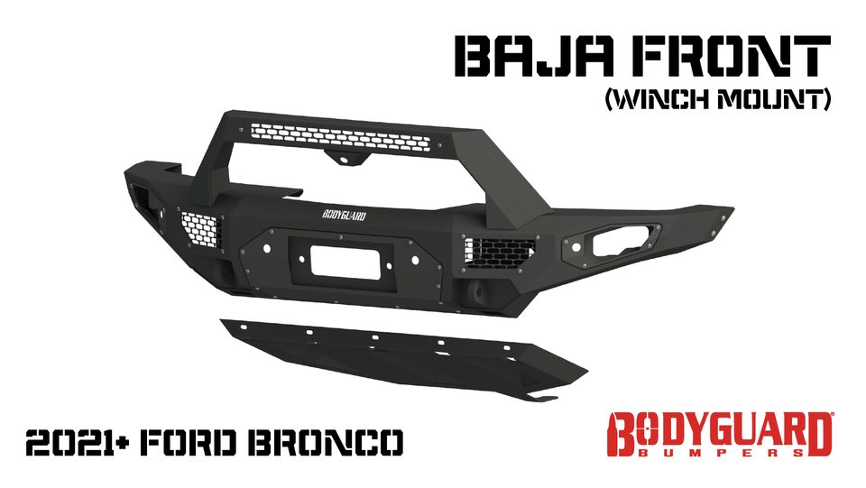 Freedom Front Bumper Baja For 2021-2025 Ford Bronco Raptor Only Winch Mount Sensor Cutouts With Camera Harness + Pod Texture Black Powdercoat Bodyguard Bumpers-4