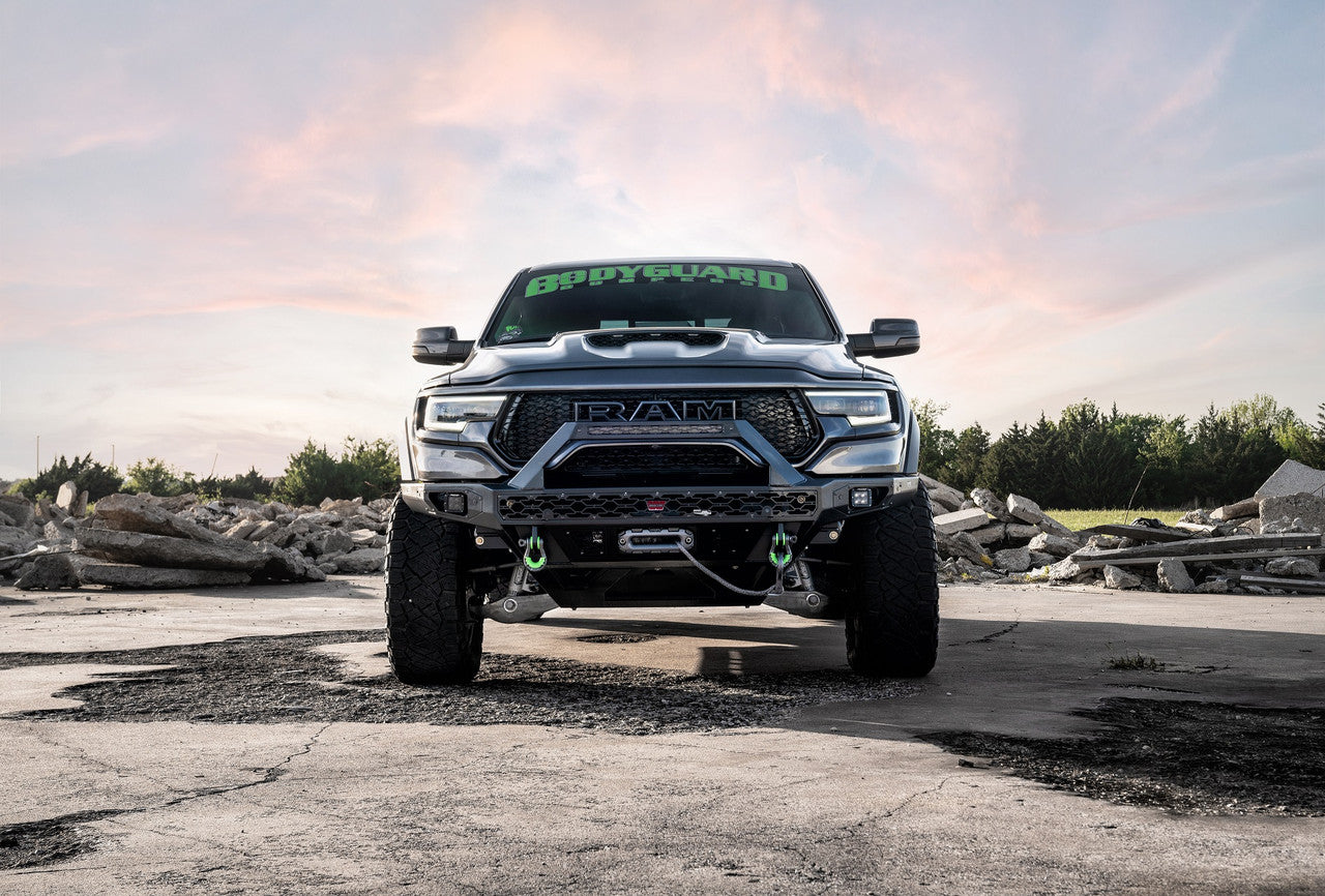 Freedom Front Bumper Baja For 2021-2024 Ram 1500 TRX Winch Mount Sensor Cutouts Without Mesh Grill With Camera Harness & Pod Bodyguard Bumpers-7