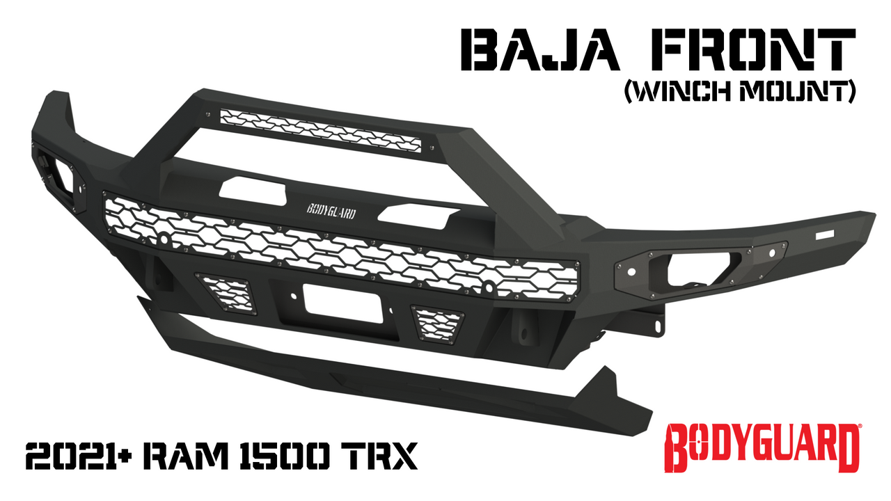 Freedom Front Bumper Baja For 2021-2024 Ram 1500 TRX Winch Mount Sensor Cutouts Without Mesh Grill With Camera Harness & Pod Bodyguard Bumpers