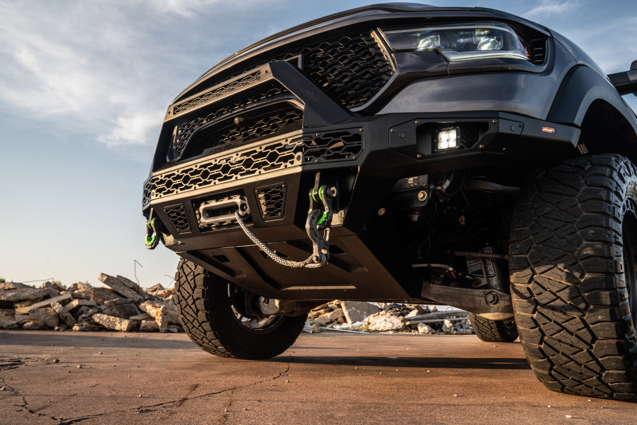 Freedom Front Bumper Baja For 2021-2024 Ram 1500 TRX Winch Mount Sensor Cutouts Without Mesh Grill With Camera Harness & Pod Bodyguard Bumpers-2