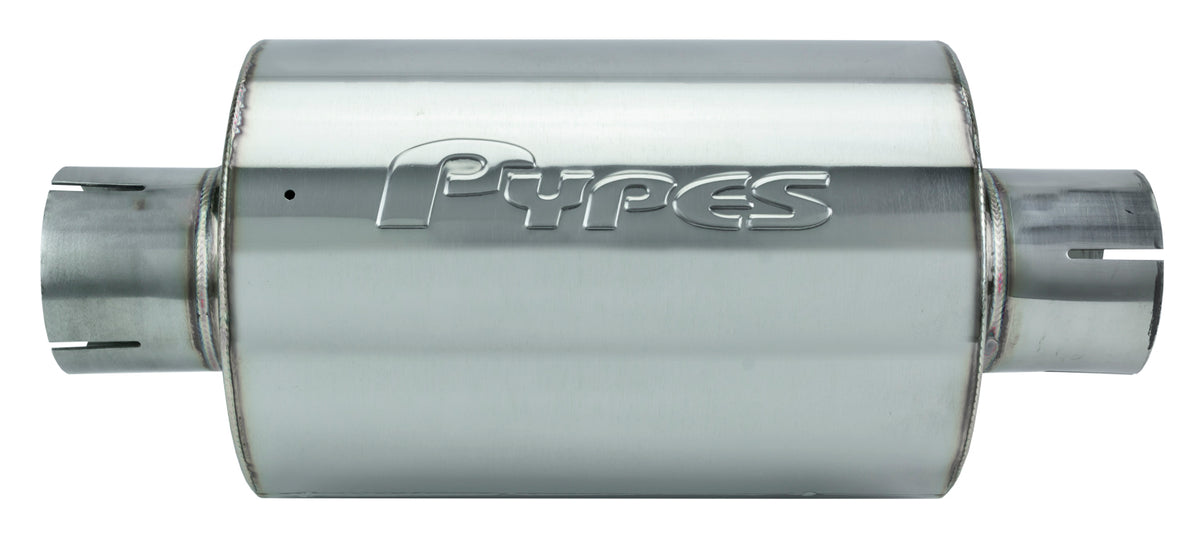M-80 Series Muffler 2.5 in Round 6 in Width Hardware Not Incl Polished 304 Stainless Steel Pypes Performance Exhaust