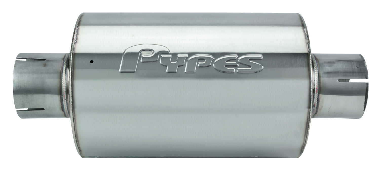 M-80 Series Muffler 2.5 in Round 6 in Width Hardware Not Incl Polished 304 Stainless Steel Pypes Performance Exhaust