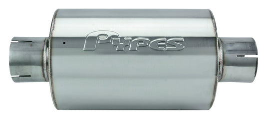 M-80 Series Muffler 2.5 in Round 6 in Width Hardware Not Incl Polished 304 Stainless Steel Pypes Performance Exhaust