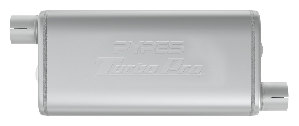 Turbo Pro Muffler 18 Inch Body 2.5 Inch Offset Inlet/Offset Outlet 409 Stainless MVT30 Pypes Performance Exhaust
