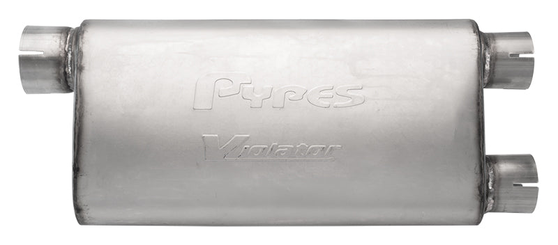 Violator Series Muffler 3 in Offset Inlet/2.5 in Dual Outlet 18 in L Hardware Not Incl Natural 409 Stainless Steel Pypes Performance Exhaust