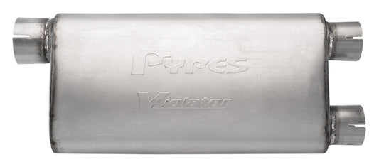 Violator Series Muffler 3 in Offset Inlet/2.5 in Dual Outlet 18 in L Hardware Not Incl Natural 409 Stainless Steel Pypes Performance Exhaust