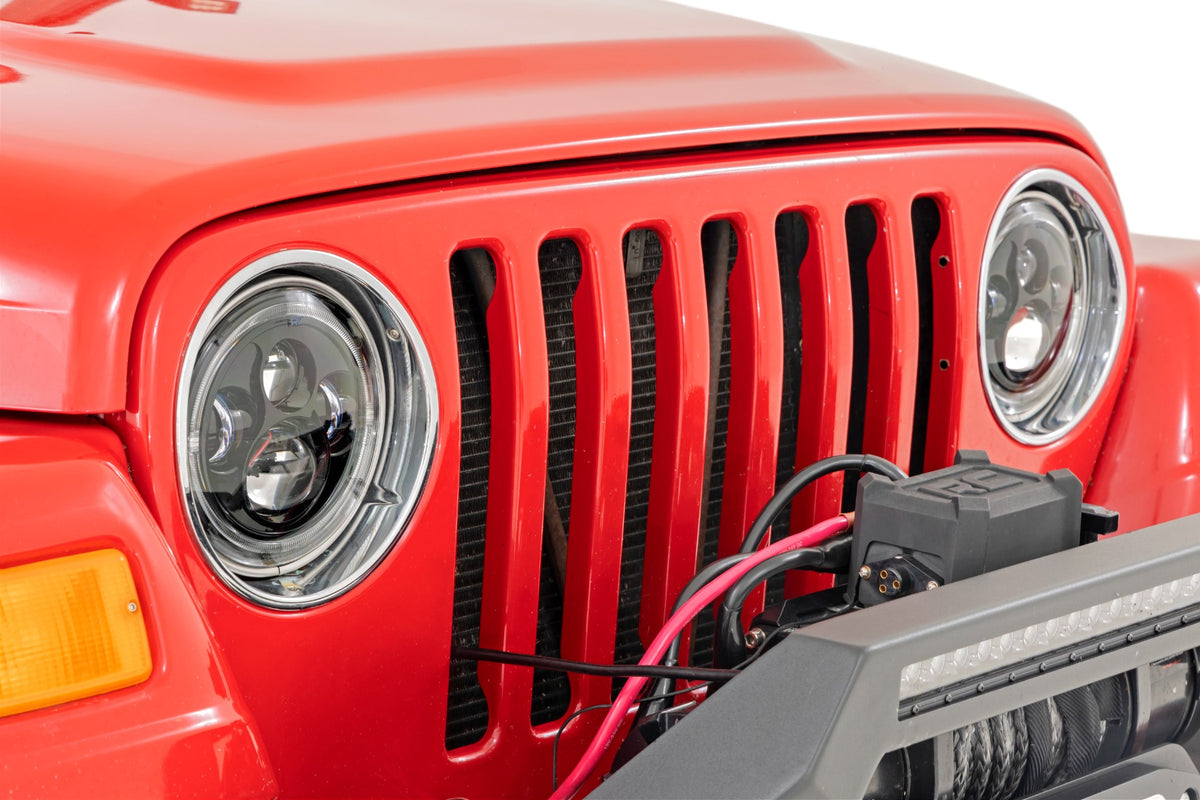 Headlights DRL Halo LED 7 Inch 97-06 Jeep Wrangler TJ 4WD Rough Country-2