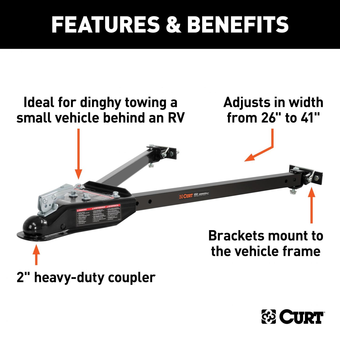 Curt Tow Bar with Adjustable-Width Arms Car Mount 2 Inch Ball 5000 lbs. Safety Cables and Coupler Lock Sold Separately) RockJock 4x4-1