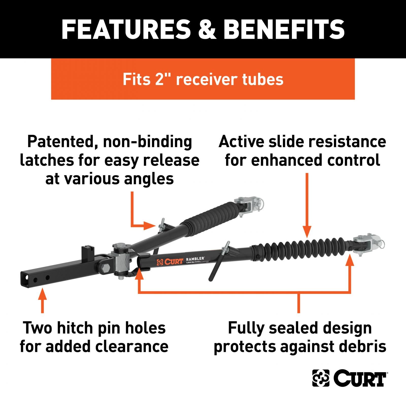 Curt Rambler Steel RV Tow Bar 7500 Lbs. 2 Inch Shank) Includes Tow Bar Safety Cables Hitch Pin and Clip RockJock 4x4-1