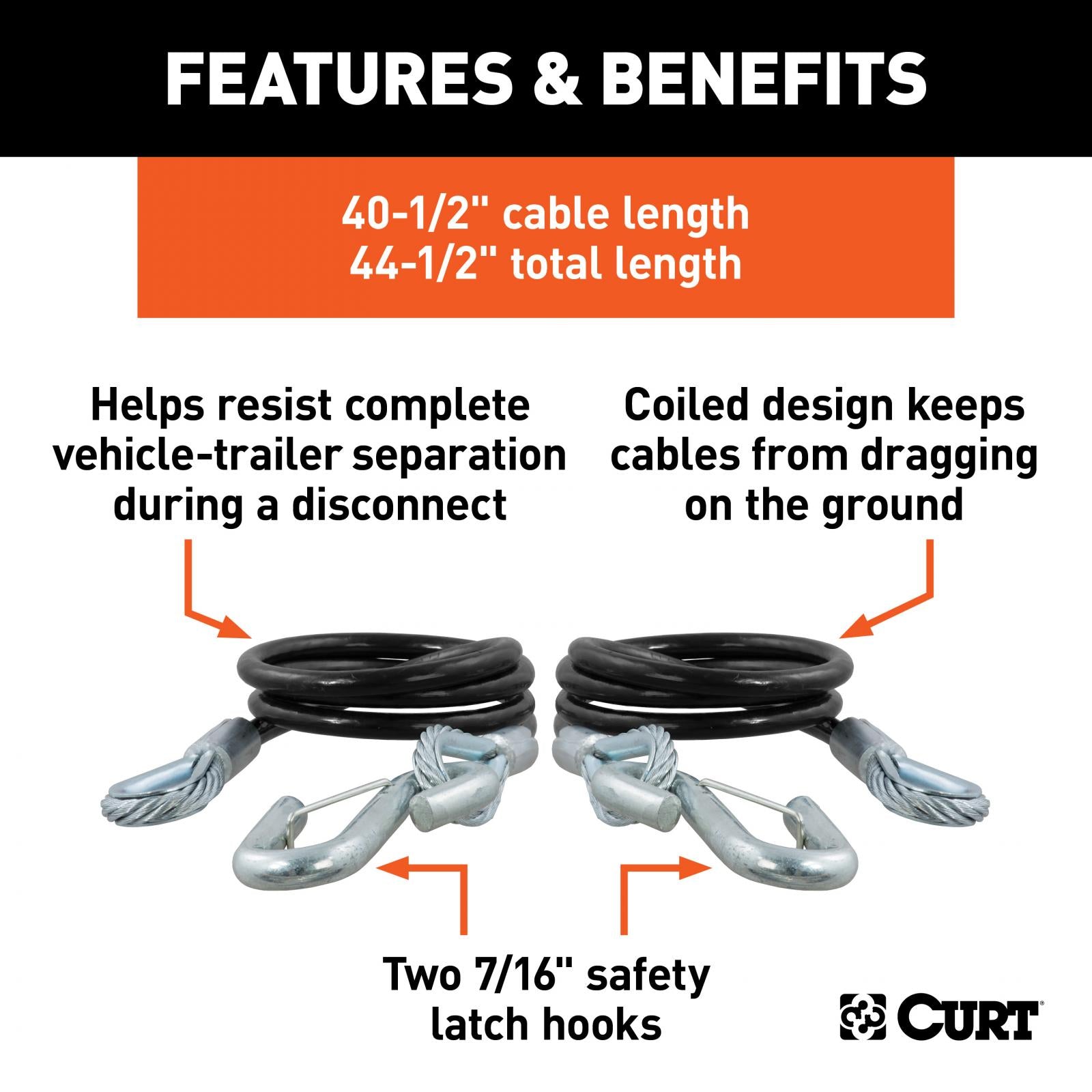 Curt Towing Safety Cable Kit (44 1/2 Inch Long w/ 2 Snap Hooks 5000 lbs. 2-Pack) RockJock 4x4-1