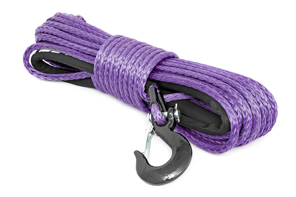 Rough Country Synthetic Rope 85 Feet Rated Up to 16,000 Lbs 3/8 Inch Includes Clevis Hook and Protective Sleeve Rough Country