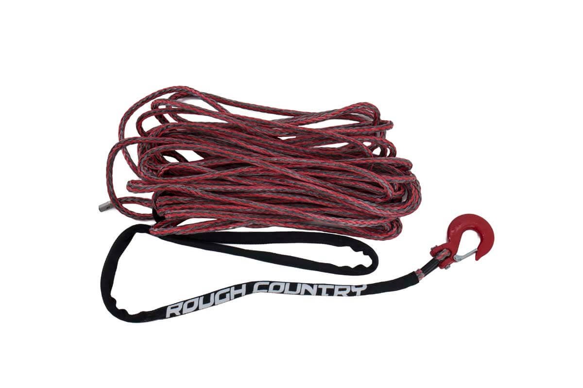 Synthetic Rope 85 Feet Rated Up to 16,000 Lbs 3/8 Inch Includes Clevis Hook and Protective Sleeve Red/Grey Combo Rough Country-1