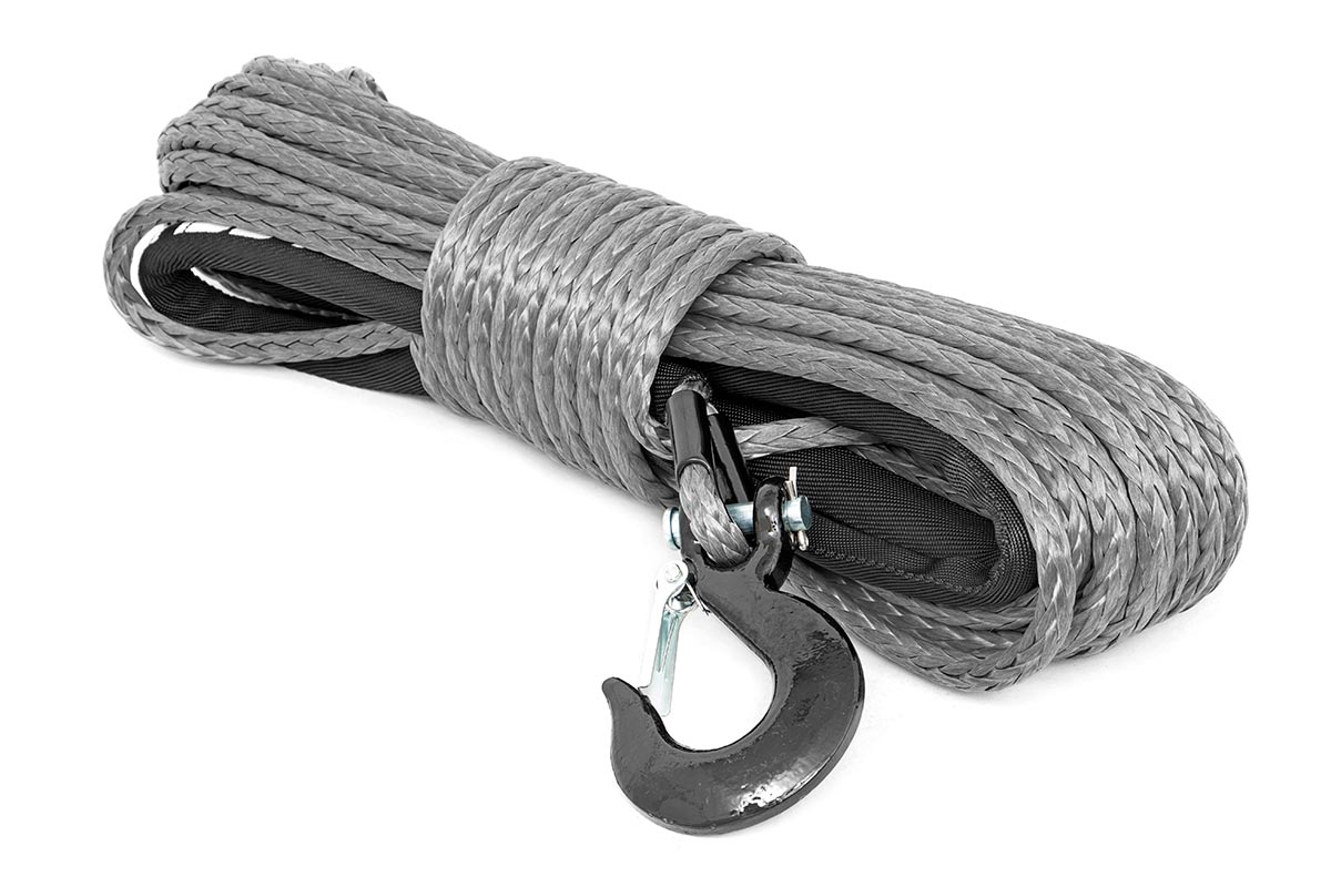 Rough Country Synthetic Rope 85 Feet Rated Up to 16,000 Lbs 3/8 Inch Includes Clevis Hook and Protective Sleeve Rough Country