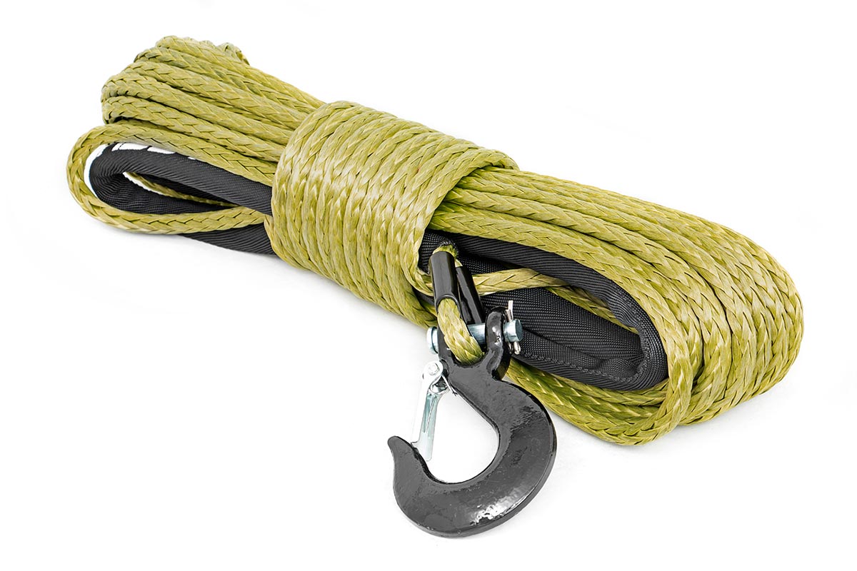 Rough Country Synthetic Rope 85 Feet Rated Up to 16,000 Lbs 3/8 Inch Includes Clevis Hook and Protective Sleeve Rough Country