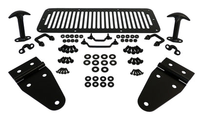 Hood Appearance Set With Vent Cover, Hinge Set, Catch Kit, Windshield Tie Down Kit, Hardware Matte Black Powder Coat Finish Stainless Steel Construction RT Off Road