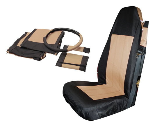 Seat Cover 1997-2002 TJ Wrangler 2 Front Black/Tan Polycanvas Seat Covers, 2 Seat Belt Pads, and a Steering Wheel Cover RT Off Road