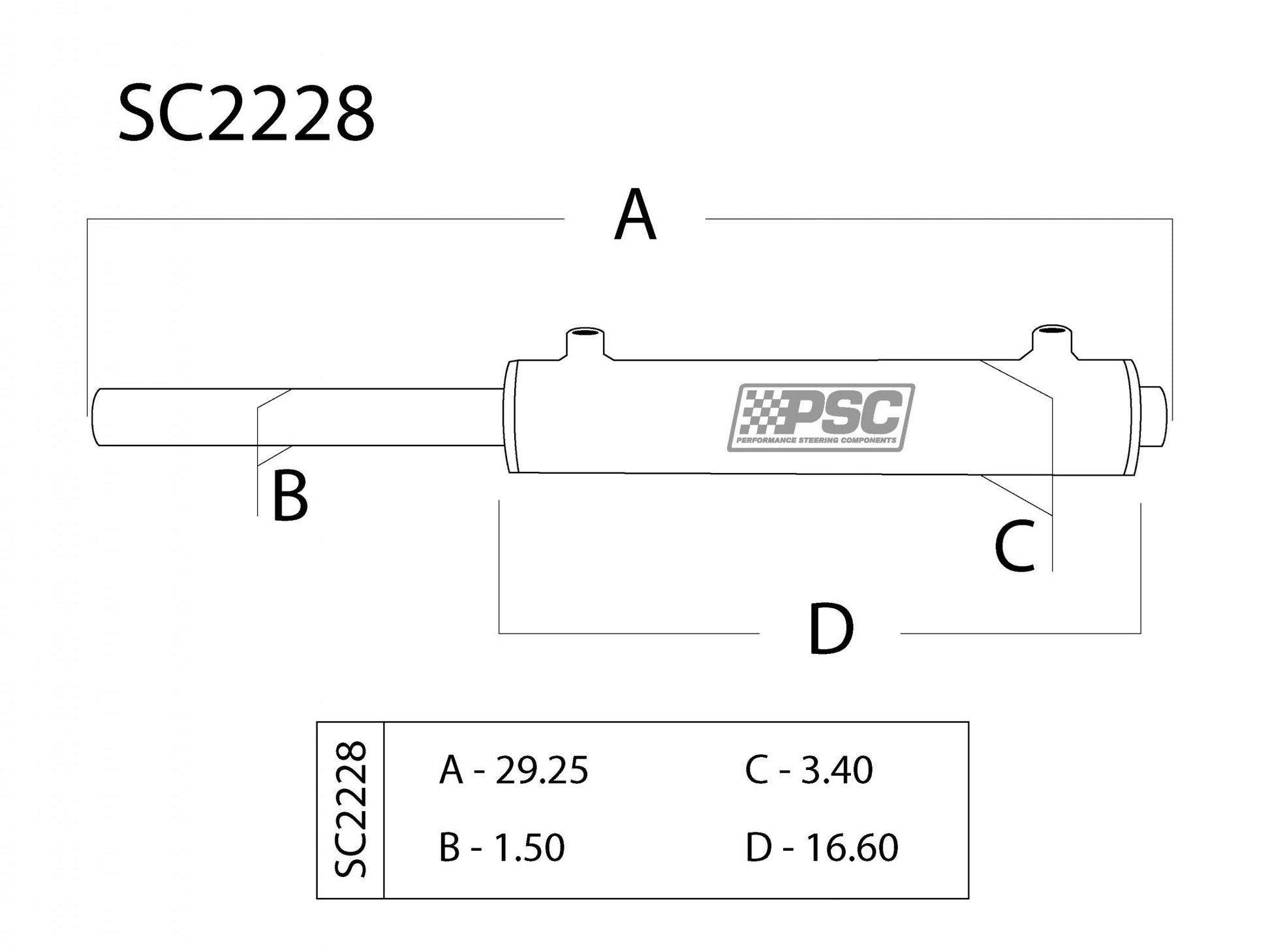 PSC Steering Double Ended XD Steering Assist Cylinder for Full Hydraulic Steering Systems with 5 Ton Rockwell Axle,  3.0 X 11.0 Inch PSC Performance Steering Components