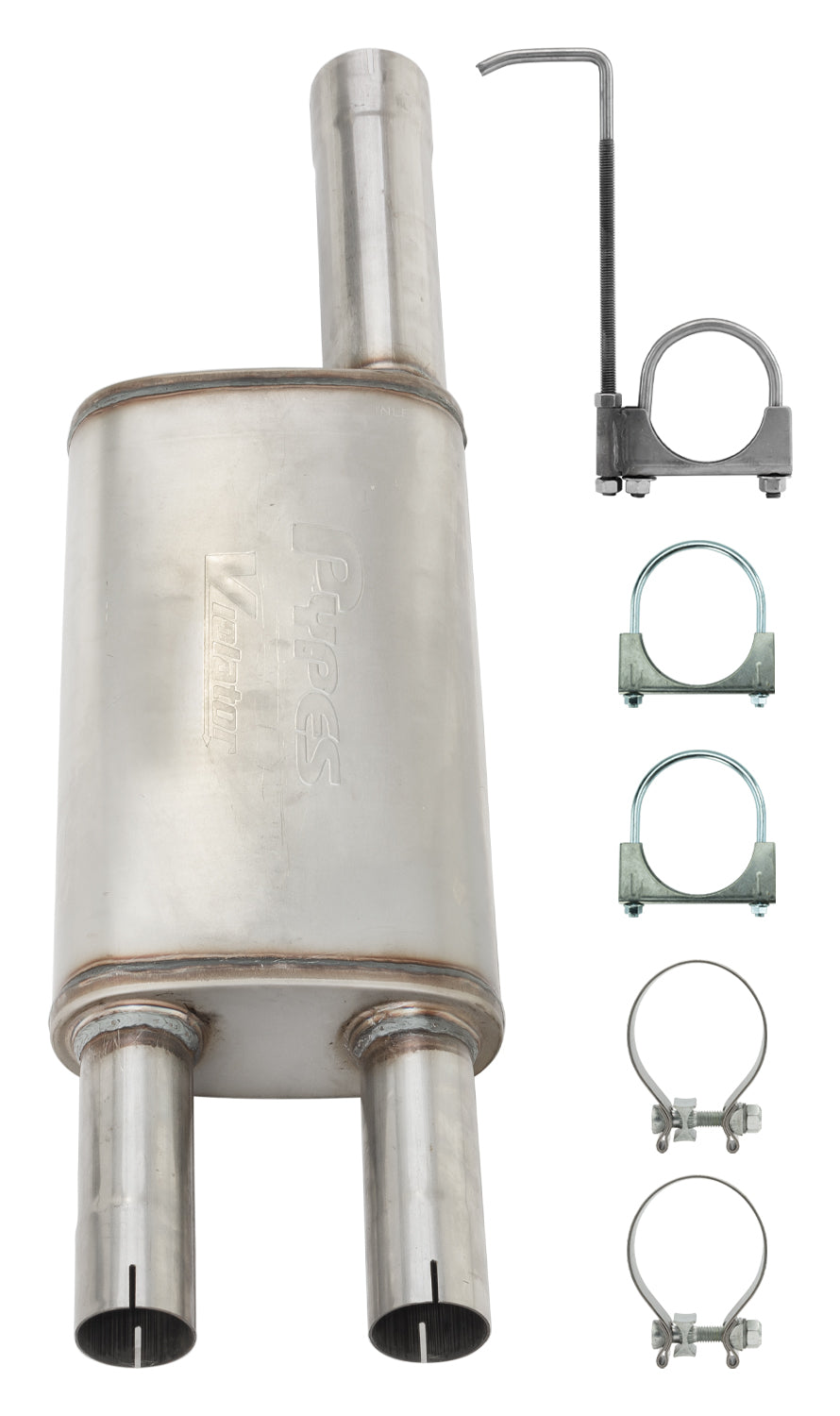 Violator Muffler Kit 09-18 Ram Hemi Split Rear Dual Exit Intermediate Pipe 3 in Hardware And Muffler Incl Tip Not Incl Natural Finish 409 Stainless Steel Pypes Performance Exhaust