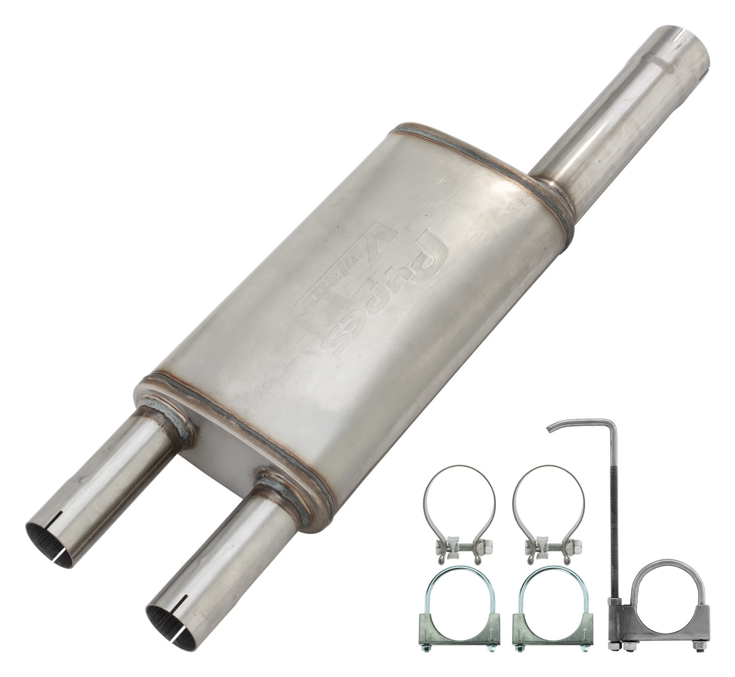 Violator Muffler Kit 09-18 Ram Hemi Split Rear Dual Exit Intermediate Pipe 3 in Hardware And Muffler Incl Tip Not Incl Natural Finish 409 Stainless Steel Pypes Performance Exhaust-1