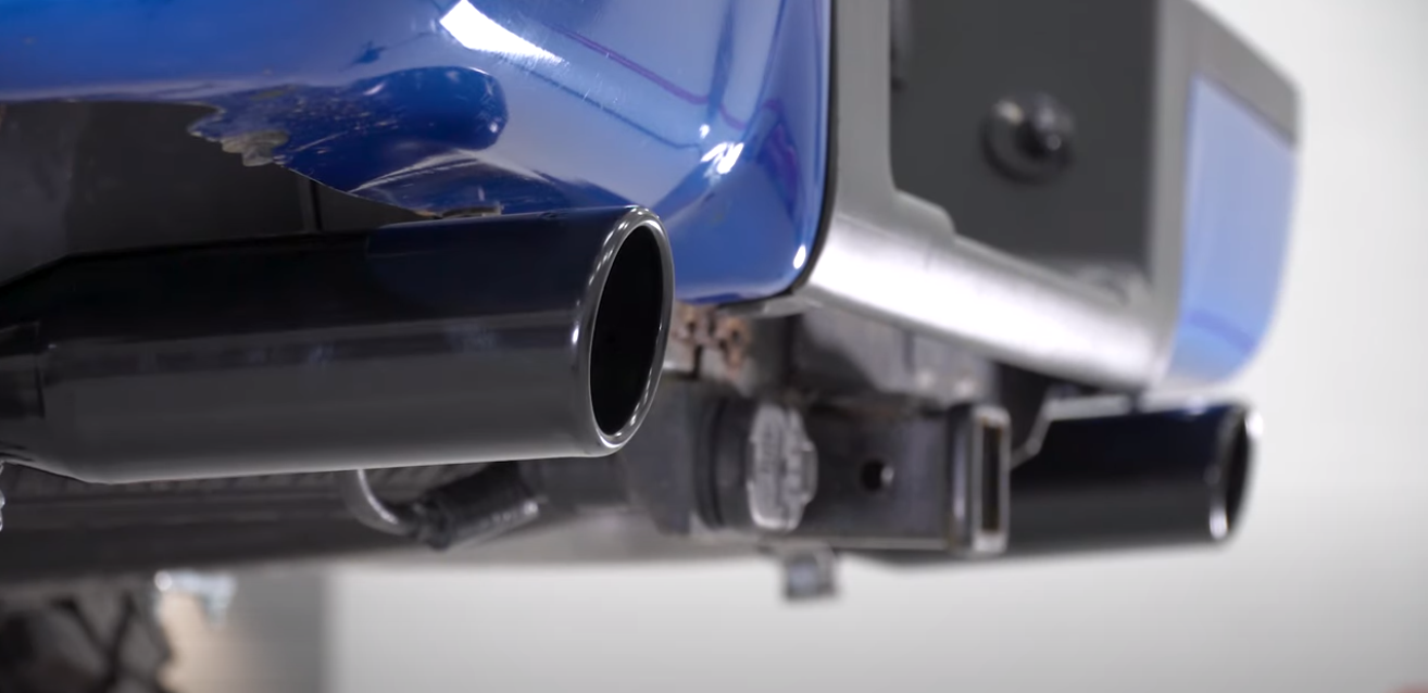 Cat Back System 09-14 Ford F150 Split Rear Dual Exit 3 in Intermediate And Tail Pipe Violator Muffler Incl/Hardware/3.5 in Black Tips Incl Natural Finish 409 Stainless Steel Pypes Performance Exhaust-1