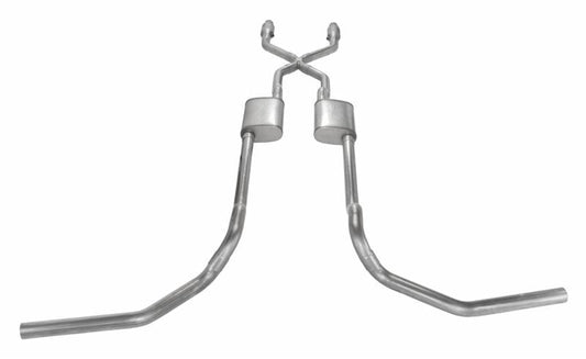 Crossmember Back w/X-Pipe System 75-76 Ford Truck Split Rear Dual Exit 2.5 in Intermediate And Tail Pipe Hardware Incl Turbo pro Muffler Incl Tip Not Incl Catalytic Converter Incl Pypes Performance Exhaust