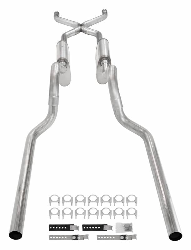 Crossmember Back W/ X-Pipe System 63-66 GM Truck Split Rear Dual Exit 2.5 Inch Intermediate And Tailpipe Hardware Incl Turbo Pro Muffler Incl And Tip Not Incl Stainless Steel Pypes Performance Exhaust-1