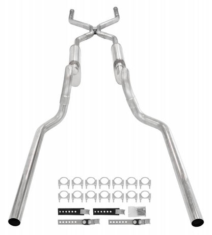 Crossmember Back W/ H-Pipe System 63-66 GM Truck Split Rear Dual Exit 2.5 Inch Intermediate And Tailpipe Hardware Incl Muffler And Tip Not Incl Stainless Steel Pypes Performance Exhaust