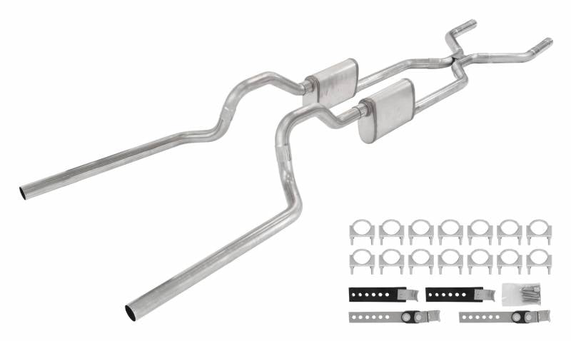 Crossmember Back W/ H-Pipe System 63-66 GM Truck Split Rear Dual Exit 2.5 Inch Intermediate And Tailpipe Hardware Incl Turbo Pro Muffler Incl And Tip Not Incl Stainless Steel Pypes Performance Exhaust-1