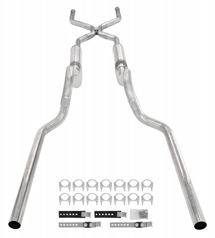 Crossmember Back W/ H-Pipe System 63-66 GM Truck Split Rear Dual Exit 2.5 Inch Intermediate And Tailpipe Hardware Incl Violator Muffler Incl And Tip Not Incl Stainless Steel Pypes Performance Exhaust