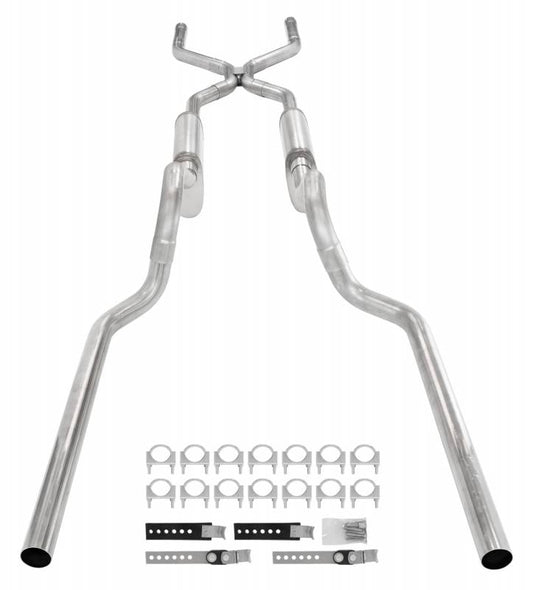Crossmember Back W/ H-Pipe System 63-66 GM Truck Split Rear Dual Exit 2.5 Inch Intermediate And Tailpipe Hardware Incl Violator Muffler Incl And Tip Not Incl Stainless Steel Pypes Performance Exhaust