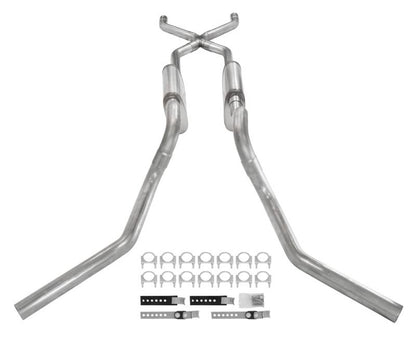 Crossmember Back W/ X-Pipe System 63-66 GM Truck Split Side Dual Exit 2.5 Inch Intermediate And Tailpipe Hardware Incl Muffler And Tip Not Incl Stainless Steel Pypes Performance Exhaust
