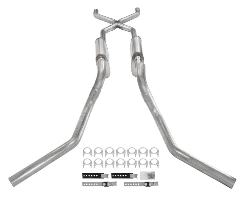 Crossmember Back W/ X-Pipe System 63-66 GM Truck Split Side Dual Exit 2.5 Inch Intermediate And Tailpipe Hardware Incl Race Pro Muffler Incl And Tip Not Incl Stainless Steel Pypes Performance Exhaust