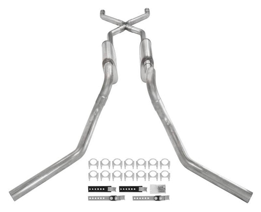 Crossmember Back W/ X-Pipe System 63-66 GM Truck Split Side Dual Exit 2.5 Inch Intermediate And Tailpipe Hardware Incl Race Pro Muffler Incl And Tip Not Incl Stainless Steel Pypes Performance Exhaust