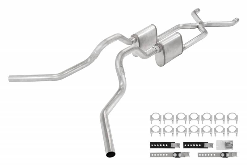 Crossmember Back W/ X-Pipe System 63-66 GM Truck Split Side Dual Exit 2.5 Inch Intermediate And Tailpipe Hardware Incl Turbo Pro Muffler Incl And Tip Not Incl Stainless Steel Pypes Performance Exhaust-1
