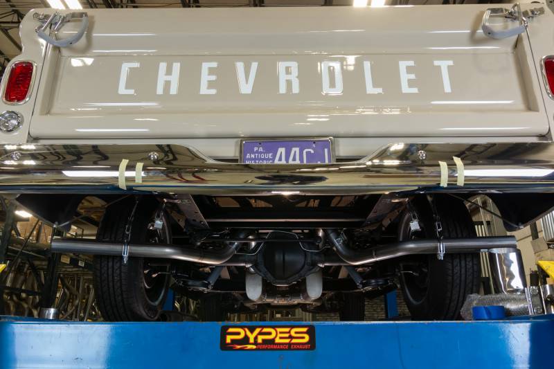 Crossmember Back W/ X-Pipe System 63-66 GM Truck Split Side Dual Exit 2.5 Inch Intermediate And Tailpipe Hardware Incl Turbo Pro Muffler Incl And Tip Not Incl Stainless Steel Pypes Performance Exhaust-2