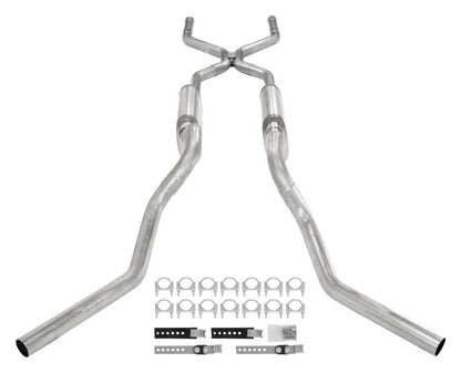 Crossmember Back W/ H-Pipe System 63-66 GM Truck Split Side Dual Exit 2.5 Inch Intermediate And Tailpipe Hardware Incl Muffler And Tip Not Incl Stainless Steel Pypes Performance Exhaust