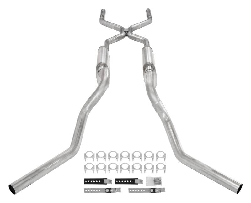 Crossmember Back W/ H-Pipe System 63-66 GM Truck Split Side Dual Exit 2.5 Inch Intermediate And Tailpipe Hardware Incl Street Pro Muffler Incl And Tip Not Incl Stainless Steel Pypes Performance Exhaust