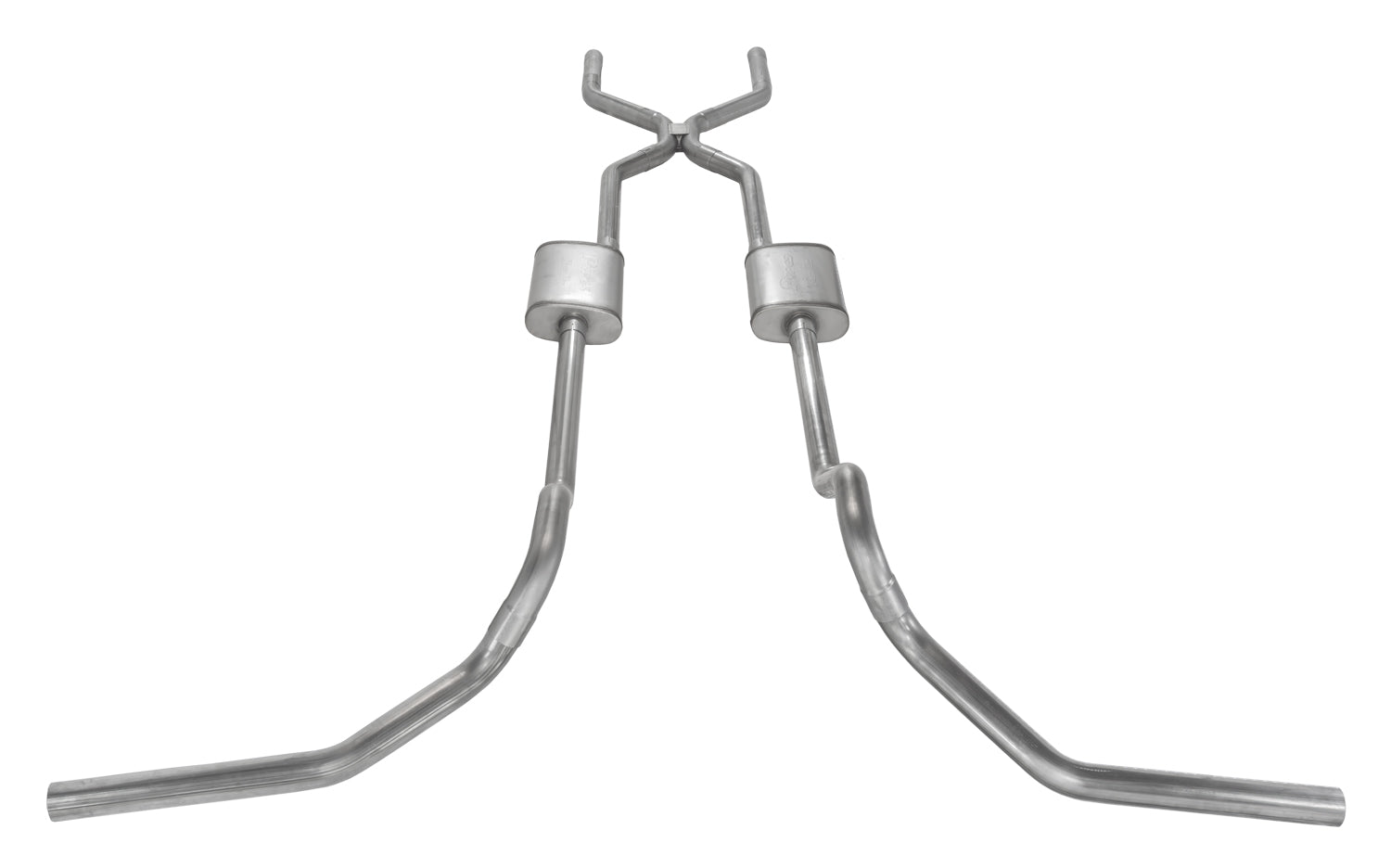 Crossmember Back w/H-Pipe System 67-74 GM Split Rear Dual Exit 2.5 in Intermediate And Tail Pipe Race Pro Muffler/Hdw Incl Tip Not Incl Natural Finish 409 Stainless Steel Pypes Performance Exhaust