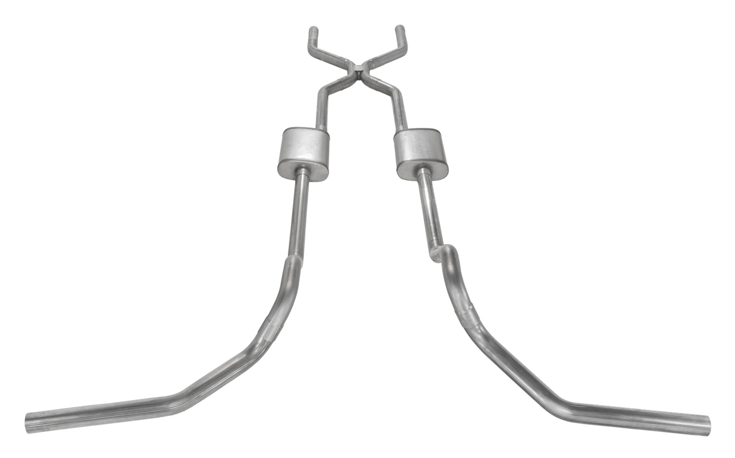Crossmember Back w/H-Pipe System 67-74 GM Split Rear Dual Exit 2.5 in Intermediate And Tail Pipe Street Pro Muffler/Hdw Incl Tip Not Incl Natural Finish 409 Stainless Steel Pypes Performance Exhaust