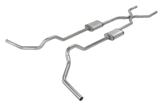 Crossmember Back w/H-Pipe System 67-74 GM Split Rear Dual Exit 2.5 in Intermediate And Tail Pipe Turbo Pro Muffler/Hdw Incl Tip Not Incl Natural Finish 409 Stainless Steel Pypes Performance Exhaust