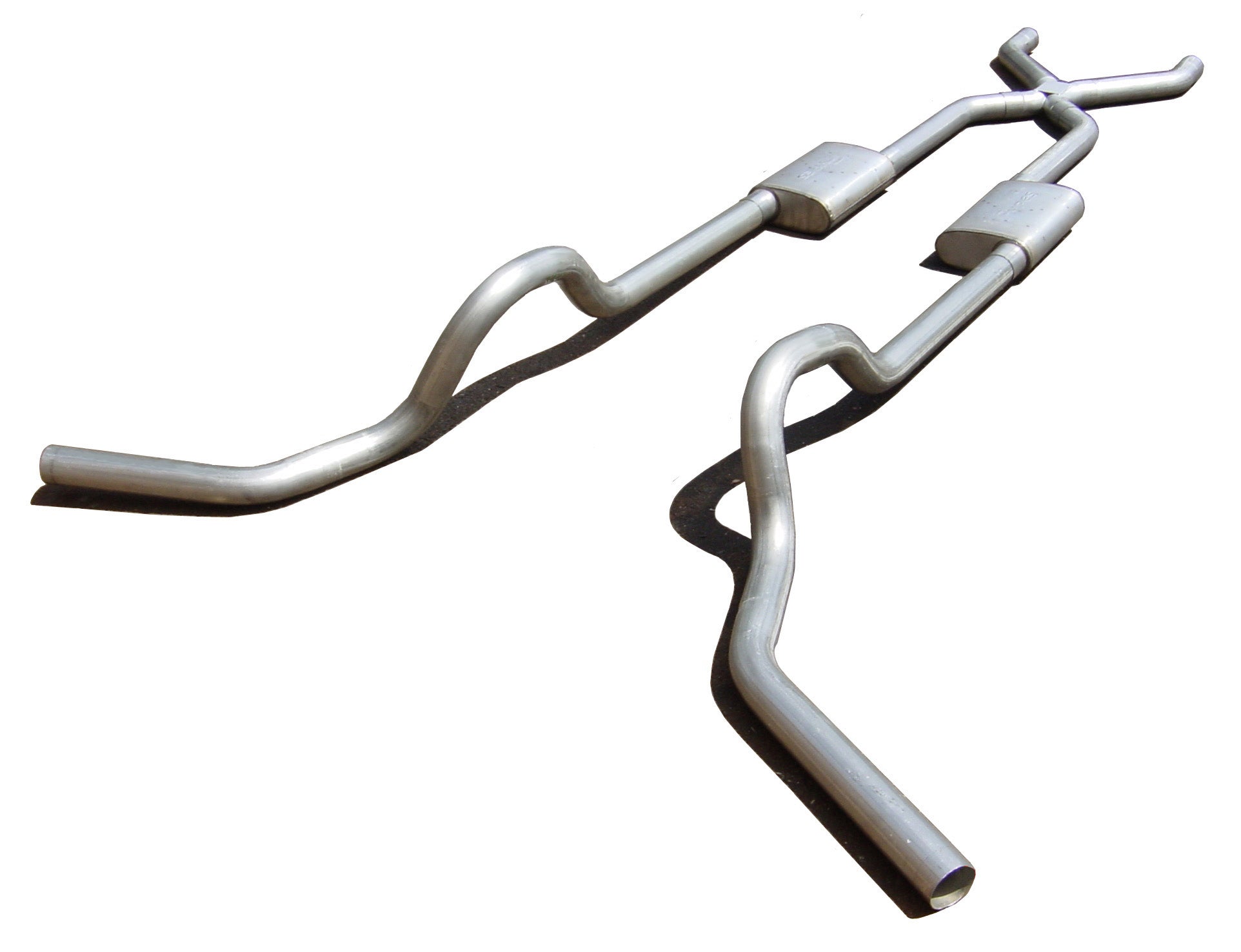 Crossmember Back w/X-Pipe System 67-74 GM Split Rear Dual Exit 2.5 in Intermediate And Tail Pipe Street Pro Muffler/Hdw Incl Tip Not Incl Natural Finish 409 Stainless Steel Pypes Performance Exhaust